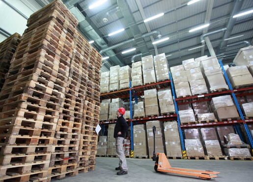 Arbeiter vor großem Stapel Holzpaletten